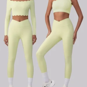 Nuevo conjunto de Yoga de encaje con variante de un solo hombro y hombros a la vista