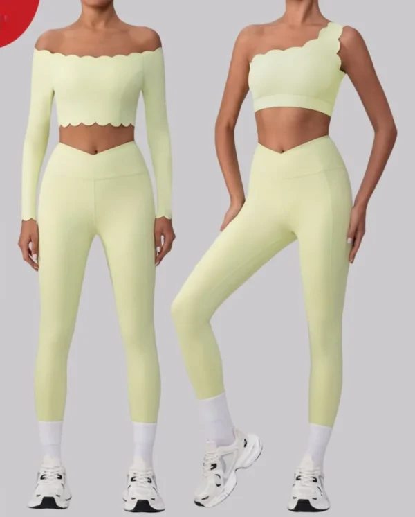 Nuevo conjunto de Yoga de encaje con variante de un solo hombro y hombros a la vista