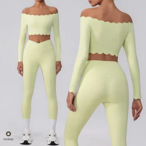 Pad-Conjunto de Yoga con hombros descubiertos y detalles ondulados